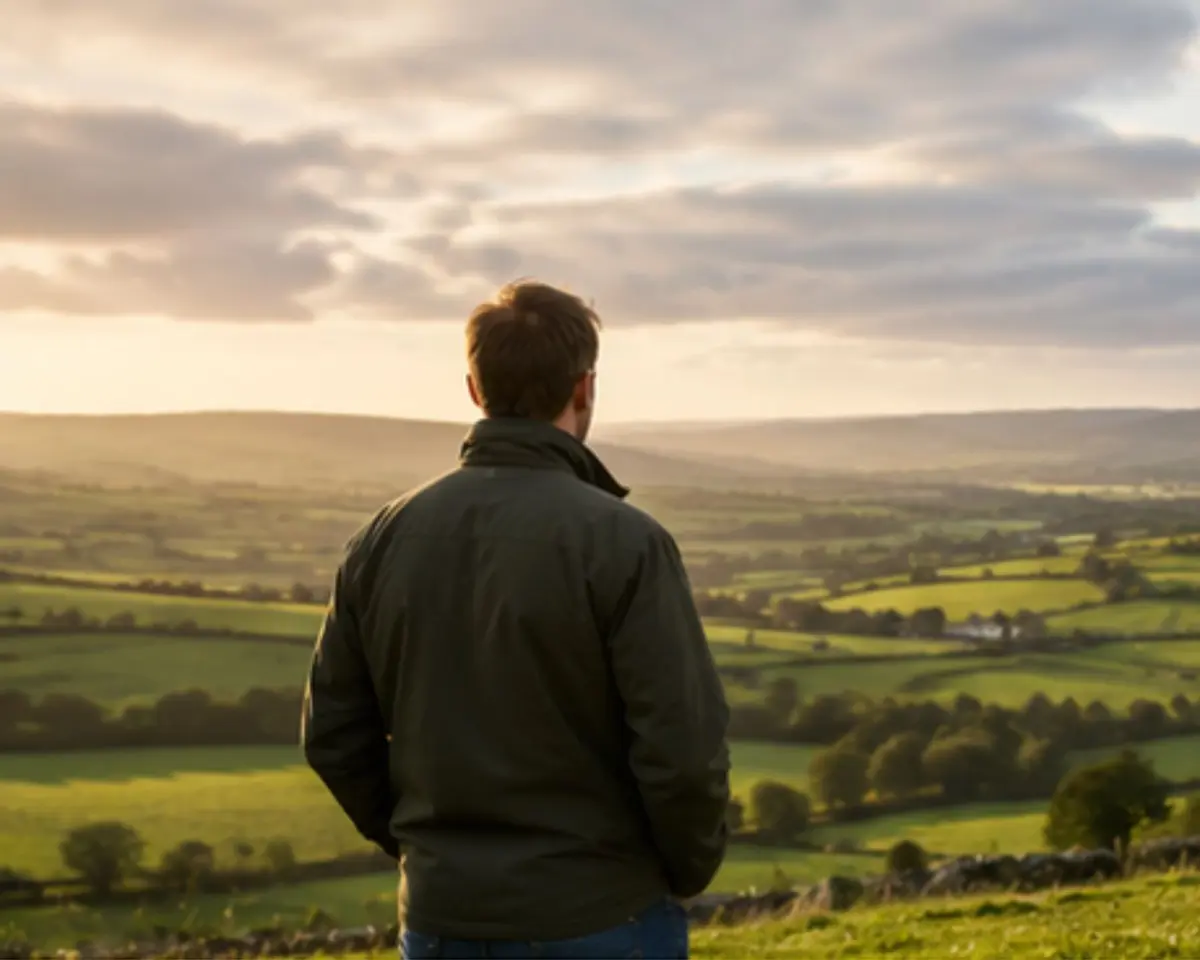 A farmer looking across rolling green fields in the Irish countryside
